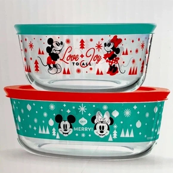 NIB Pyrex Disney Christmas Mickey & Minnie Mouse Decorated Glass Containers Lids - Picture 2 of 7